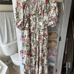 Anthropologie Floral Puff Sleeve Maxi Dress - Pink and Green